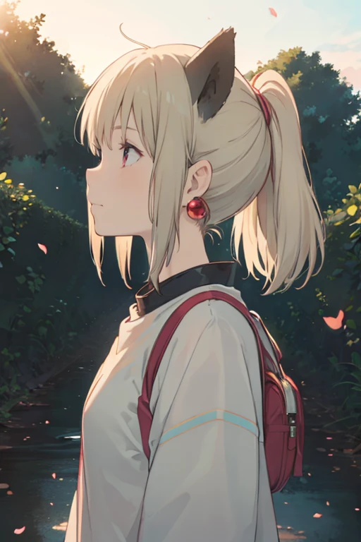 Big Avatar，Girl，blond，Lovely eyes，Cat ears，Top quality，Can see the ears，Wear big earrings，confidence，Smile，Red eyes，Profile，Leaky ears，Highest quality，Ghibli，masterpiece，White background，Close-up of face
