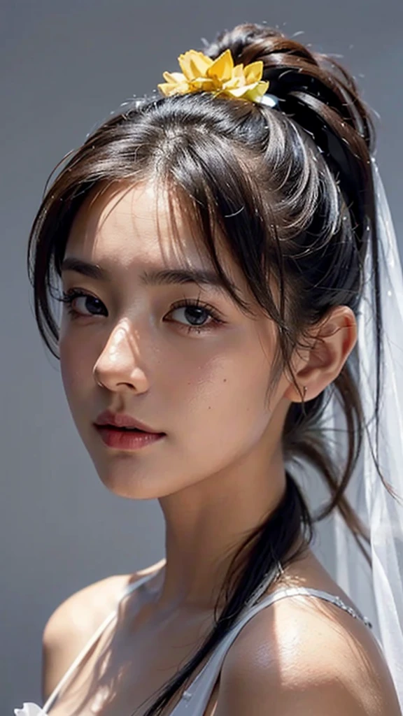 Bust Shot,Orange Sleeveless Dress Style,Frilly dress,ruffled edges, layered,Accessories: Flower hairpiece, ribbon, fitted body,Commercials for luxury cosmetics style,Commercial filming studio,The background is all gray,Body in front,fully body photo,masutepiece, The highest image quality, High quality, the background is clear,Beautiful woman, Japanese, Detailed, Ultra-detailed, finely detail, hight resolution, 8K Wallpaper, Perfect dynamic composition, Beautiful detailed eyes ,Detailed eyes, Detailed skin, Beautiful skin, 超hight resolution, (reality: 1.4),Very beautiful woman, Slightly younger face, Beautiful skin, slender, (Ultra photo realsisim), (hight resolution), (8K), (Very detailed) (beautifully detailed eyes), (super detailed), (Detailed face), view the viewer, Fine details, Detailed face, Staring straight ahead, Staring straight ahead, photos realistic, Bright lighting, Professional Lighting, Black hair,poneyTail,a baby face,sixteen years old,Hairstyle: ponytail,Long ponytail hairstyle,slight smile,