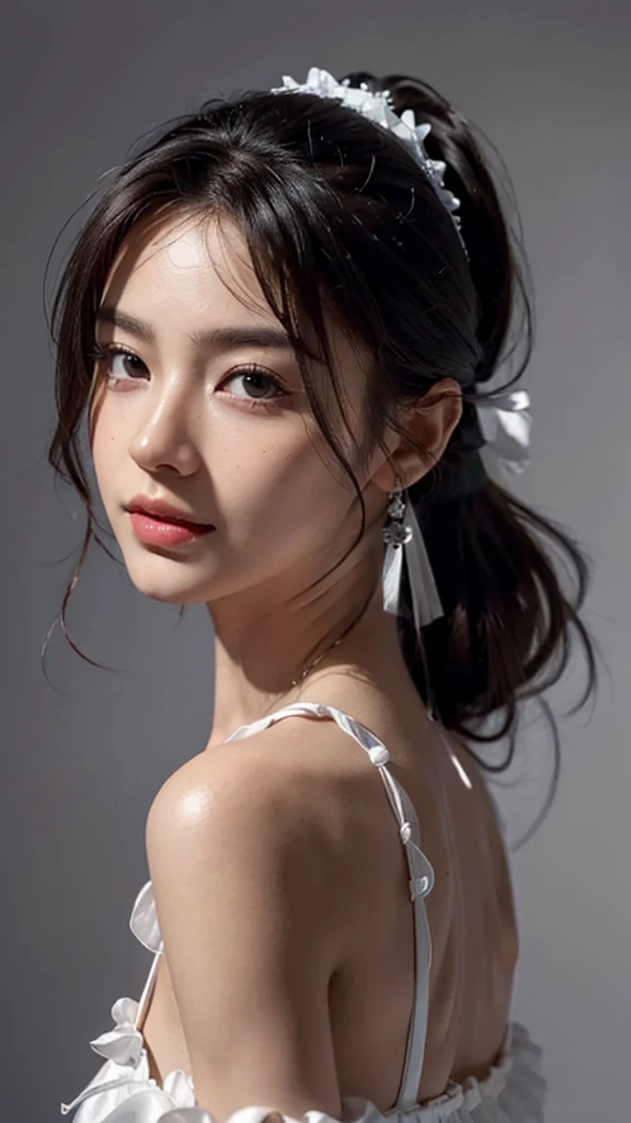 Bust Shot,Orange Sleeveless Dress Style,Frilly dress,ruffled edges, layered,Accessories: Flower hairpiece, ribbon, fitted body,Commercials for luxury cosmetics style,Commercial filming studio,The background is all gray,Body in front,fully body photo,masutepiece, The highest image quality, High quality, the background is clear,Beautiful woman, Japanese, Detailed, Ultra-detailed, finely detail, hight resolution, 8K Wallpaper, Perfect dynamic composition, Beautiful detailed eyes ,Detailed eyes, Detailed skin, Beautiful skin, 超hight resolution, (reality: 1.4),Very beautiful woman, Slightly younger face, Beautiful skin, slender, (Ultra photo realsisim), (hight resolution), (8K), (Very detailed) (beautifully detailed eyes), (super detailed), (Detailed face), view the viewer, Fine details, Detailed face, Staring straight ahead, Staring straight ahead, photos realistic, Bright lighting, Professional Lighting, Black hair,poneyTail,a baby face,sixteen years old,Hairstyle: ponytail,Long ponytail hairstyle,slight smile,