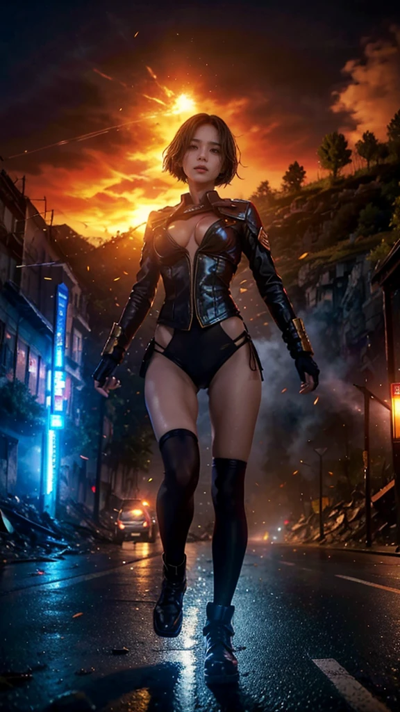(Giantess element, high resolution, high quality, accurate body structure, detailed body), focus on girl,
BREAK,
Sexy, combat uniform, girl, looking up at approaching woman from below, cute, (girl destroying town with magic: 1.2), mischievous expression, white skin, smiling, trampling, walking, anatomically correct, accurate human body, accurate skeleton, full body portrait, shock wave from girl's hand, magic shock wave,
BREAK,
Destroying town, rubble, burning town, destroyed building, collapsed highway, car being crushed, evacuation of residents, sunset, burning town, rubble scattered at feet, increasing destructive elements, lightning-like aura, in ruined city,