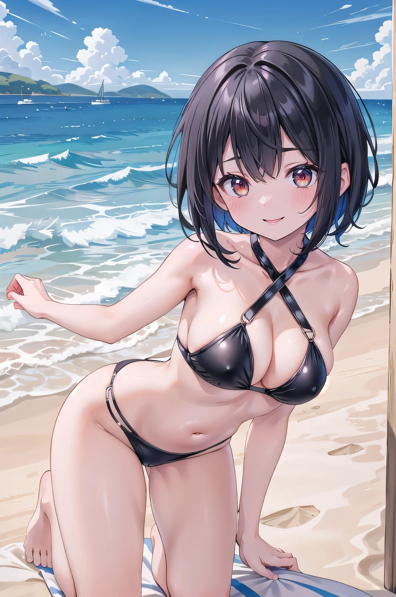 masterpiece,,girl,Black Hair,Red Eye,Short Bob Hair,Slightly larger breasts,,Empty-handed,belly button,,Beach,smile,Hilarious,A seductive smile,high sexual desire