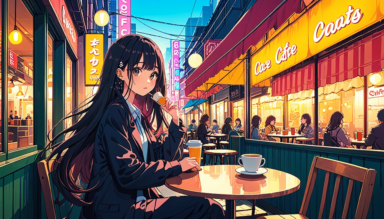 20-year-old female, 90s anime style, rain, coffee shop,, Woman wearing headphones, Late Night Cafe,Listening to music alone, City Pop, low quality, Lo-Fi, Chill, late 夜, Stylish cafe counter seats, Dark Room, Futuristic night view outside the window, Dark Room