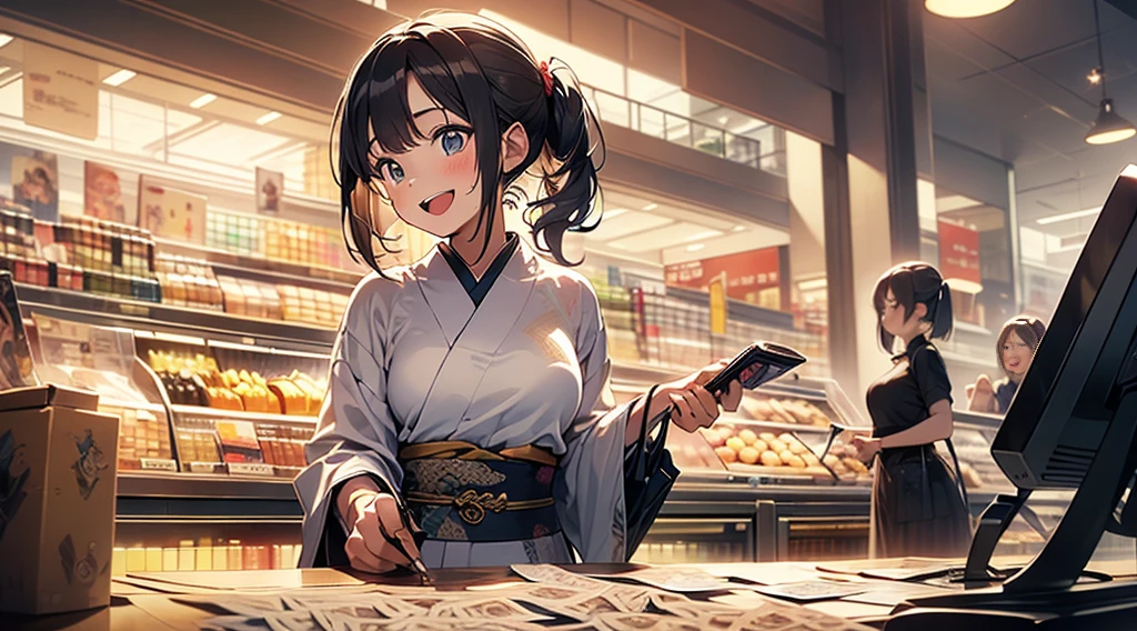 (fantasy:1.5),(Japanese cartoons,8K,masterpiece, Top quality, best quality,beautiful and aesthetic:1.2,Professional Illustration:1.1,Ultra Detailed:1.3,Perfect lighting),Extremely detailed,The most detailed,Ridiculous , high resolution, Ultra Detaileded,,(shopping mallCash register:1.7),A girl mixing,Cash register,Cashier，Cashier,rich and colorful:1.4,tangled,(1girl),(girl),(Female generals of the Three Kingdoms),(Very detailed and beautiful face and eyes,Firm breasts),Oily skin,((Black,hair,short bob with short pony tail hair)),thin pubic hair,cute的,cute,34 years old,Alchemist Costume,Merchant Clothing,Smile,reception,Smile,诱人 虚弱 Smile,(with sparkling eyes and a contagious Smile),open mouth, Modern City，shopping mall