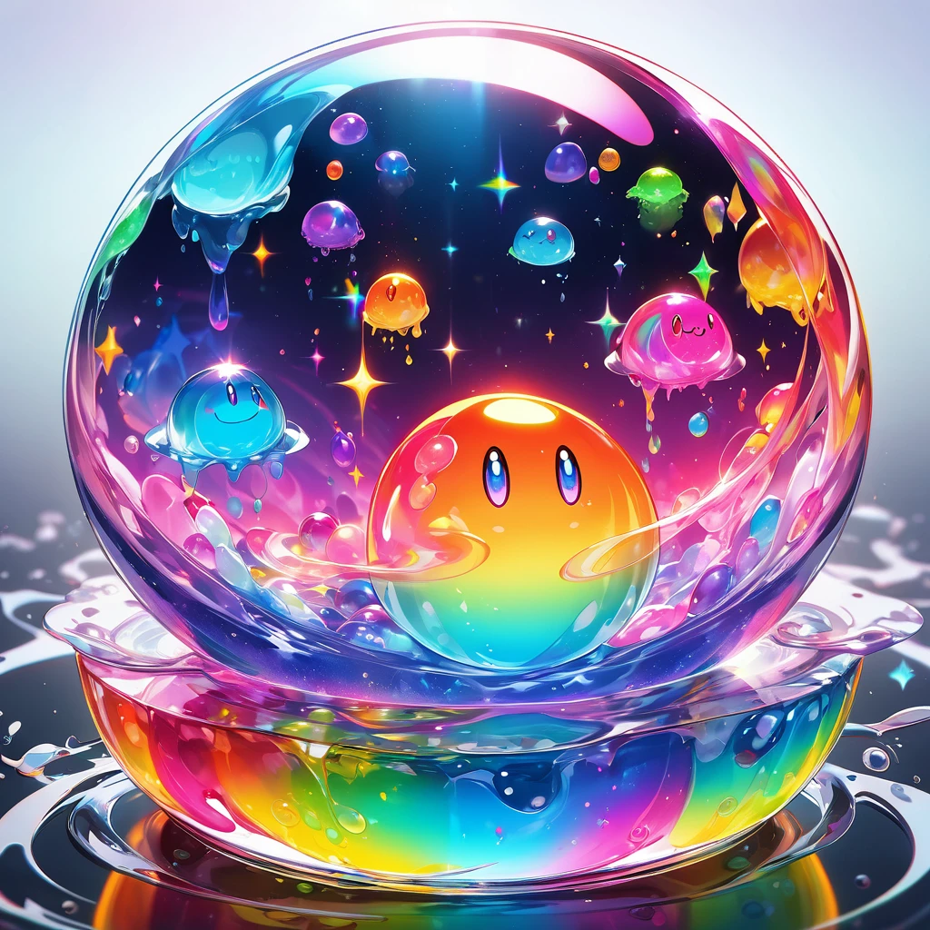 Slime, A tiny nucleus that shines in a fantastic rainbow of colors,Completely melted jelly fusion, Very transparent material, High viscosity, Elasticity due to surface tension, Holographic sparkle reflections, Create an engaging impression on your audience