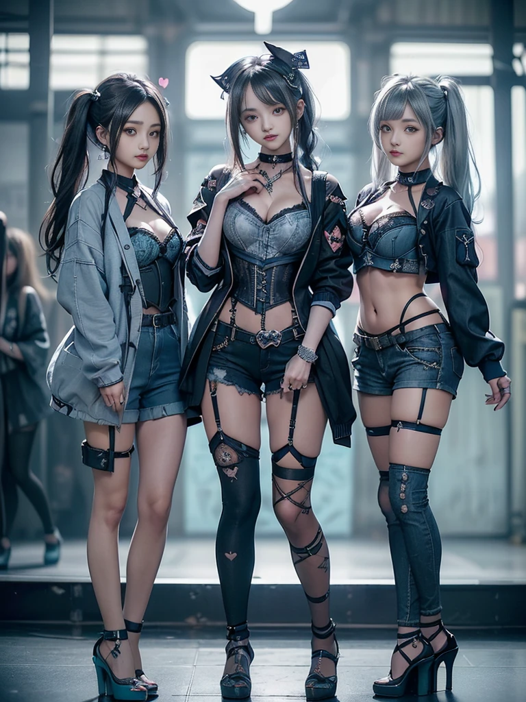 (Three Girls, 3 girls:1.5)、(Full Body View:1.2)、(Side view:1.1)、(Smiling with teeth showing:1.3),(Shibuya Gal:1.5)、(Beautiful:1.4)、(Neo-Goth Fashion:1.5)、(Punk RockVisual Kei:1.3)、(Futuristic turquoise, denim and navy blue bodysuit:1.5)、(Delicate denim and turquoise cardigan:1.5)、(Gorgeous decorated corset:1.4)、(Navy denim garter belt:1.5)、(Delicate denim, navy and black cargo pants:1.3)、(Heart-shaped silver accessories:1.5)、(Brown Skin Belt:1.4)、(Blue High Heels:1.4)、(Lace underwear:1.4)、20-year-old、Browsing Caution,((Highest quality、In 8K、masterpiece:1.3))、Sharp focus:1.2、(Layered Cut、Huge breasts:1.1),Beautiful woman with perfect figure:1.4、(Dance vigorously:1.3)、Slim Abs:1.2、Butt、Highly detailed face and skin texture、Fine grain、double eyelid,(Twin tails:1.3)、(Brownish golden hair:1.3)、Obscene、Idol Sculpture、(The three of them are posing together:1.3)、(In the background is a gorgeous medieval metropolis on a sunny day:1.3)、(Slimming your legs:1.4)、(The body is slim:1.3)、(clavicle:1.1)