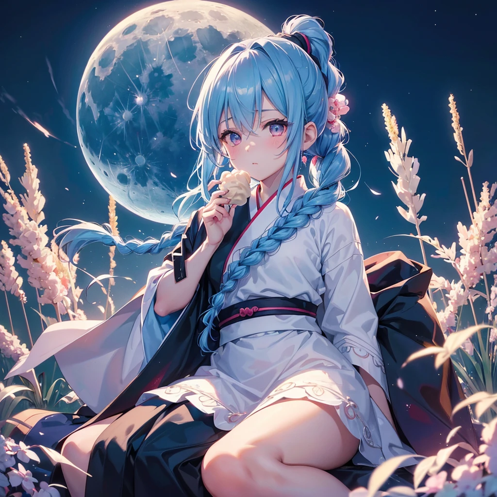 Sky blue hair, (Braided Ponytail:1.2), Pink eyes,Fair skin ,(whole body),(One Girl),Tsukimi,(White sweet dumplings ),White round dumplings,Japanese pampas grass,(beautiful, Full moon shining in the night sky),(masterpiece, Highest quality, Very detailed, Best Shadow), (Detailed Background), (Beautifully detailed face), High Contrast, (Best lighting, Very delicate and beautiful), ((Cinematic Light)), colorful, Hyper Detail,8k, Dramatic Light, Intricate details,Sit and eat dumplings while watching the moon,(Shadow of a rabbit on the moon),mysterious