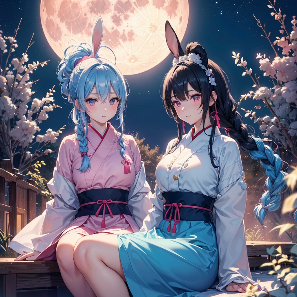 Sky blue hair, (Braided Ponytail:1.2), Pink eyes,Fair skin ,(whole body),(One Girl),Tsukimi,(White sweet dumplings ),White round dumplings,Japanese pampas grass,(beautiful, Full moon shining in the night sky),(masterpiece, Highest quality, Very detailed, Best Shadow), (Detailed Background), (Beautifully detailed face), High Contrast, (Best lighting, Very delicate and beautiful), ((Cinematic Light)), colorful, Hyper Detail,8k, Dramatic Light, Intricate details,Sit and eat dumplings while watching the moon,(Shadow of a rabbit on the moon),mysterious
