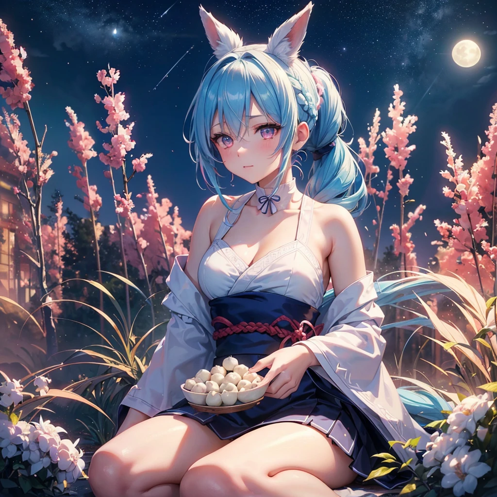Sky blue hair, (Braided Ponytail:1.2), Pink eyes,Fair skin ,(whole body),(One Girl),Tsukimi,(White sweet dumplings ),White round dumplings,Japanese pampas grass,(beautiful, Full moon shining in the night sky),(masterpiece, Highest quality, Very detailed, Best Shadow), (Detailed Background), (Beautifully detailed face), High Contrast, (Best lighting, Very delicate and beautiful), ((Cinematic Light)), colorful, Hyper Detail,8k, Dramatic Light, Intricate details,Sit and eat dumplings while watching the moon,(Shadow of a rabbit on the moon),mysterious