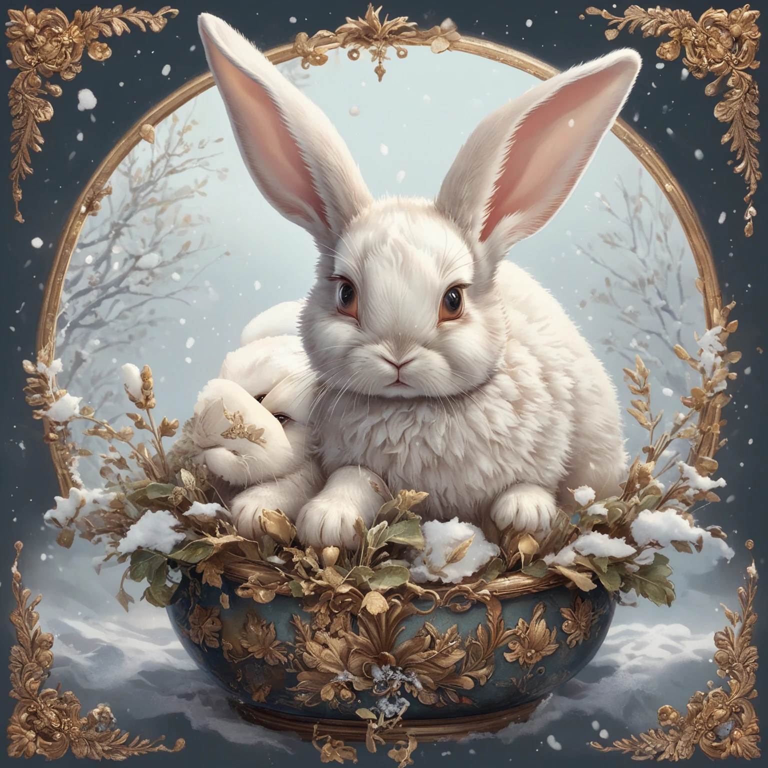 masterpiece、Highest quality、care、delicate、No background、Collage Design、Sticker design、Seal Design、Evenly spaced、Baby rabbit、Her eyes sparkle、Cute Bunny、female、大きなレースとリボンをtけているうさぎ、Various rabbits、Various poses、Fantasy、antique、antiqueデザイン、A lot of rabbits、１t１tデザイン大きい、Large margin for design、The designs are far apart、Bow knot、With border、(((winter:1.5))),(((snow:1.5))),(((snowの結晶:1.5)))