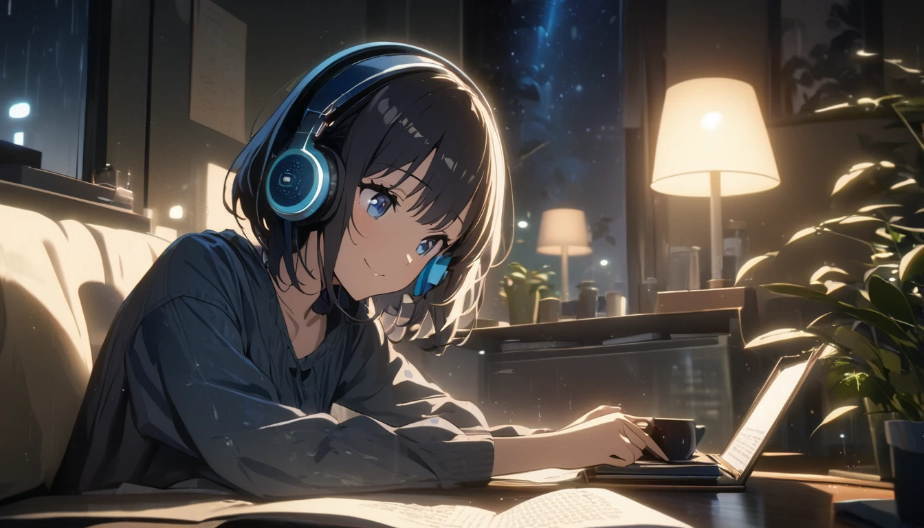 one girl, black short hair and bob hair, ..、smile、beautiful blue eyes, gentle smile on her face、flat chest, one Beautiful girl,((masterpiece, illustration, best quality) ((ultra-detailed)),rainy night, a girl studying while listening to music with headphones, the night view is very beautiful with beautiful candle on her table. there are plants in the background, a beautiful night view with books and plants in the background with coffee on the desk,, 濃い青とBeautiful Blueのグラデーション, High resolution, cinematic, surrealism, soft light, deep field focus bokeh, ray tracing and surrealism. --v6