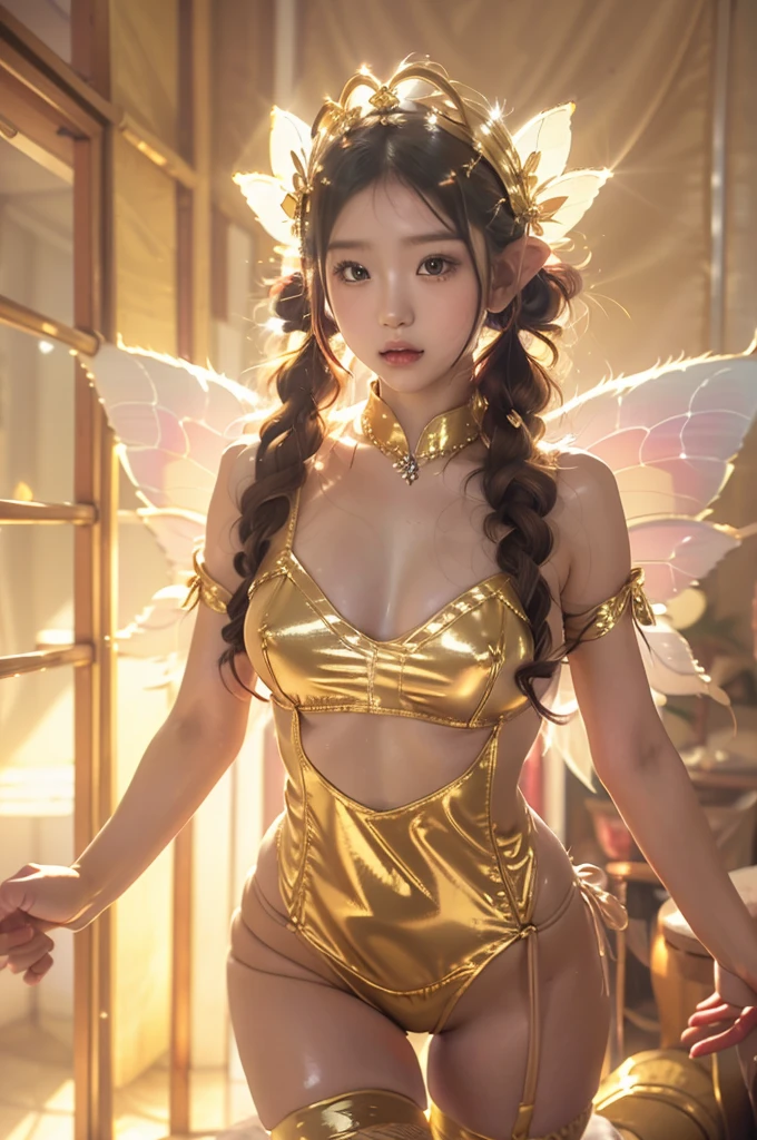 Japanese cute girl dressed as Kannon Bodhisattva, (wearing a golden leotard), ((wearing white fishnet stockings)), wearing a treasure crown on her head, Golden Transparent Fluttering Robes, ((In front of the luxurious golden wall)), (very young girl), 9 , oily body, (((twin tail hair))), straight twintail hair, white skin, standing, (She has fairy wings on her back), (((huge breasts))), (((realistic))), (((High resolution)))