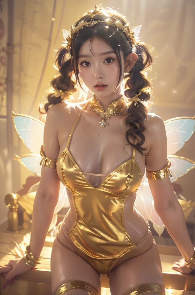 Japanese cute girl dressed as Kannon Bodhisattva, (wearing a golden leotard), ((wearing white fishnet stockings)), wearing a treasure crown on her head, Golden Transparent Fluttering Robes, ((In front of the luxurious golden wall)), (very young girl), , oily body, (((twin tail hair))), straight twintail hair, white skin, standing, (She has fairy wings on her back), (((huge breasts))), (((realistic))), (((High resolution)))