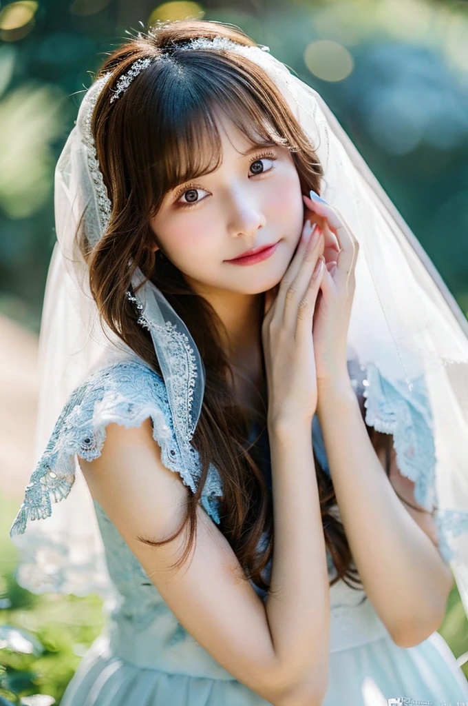 Highest quality RAW Photos One girl Wedding dress Covered with a veil Brown Hair Medium Short Blue Nails