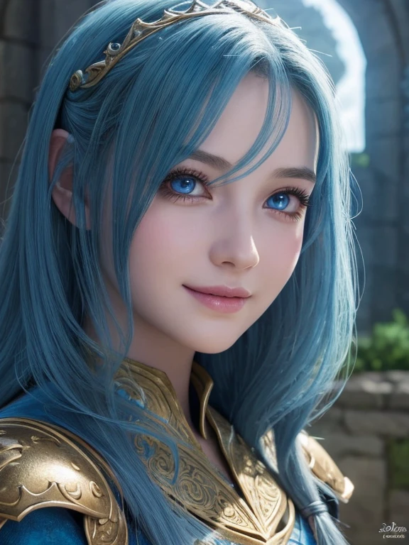 A 16 years old girl,dragonquest,Excalibur,beautiful detailed eyes,beautiful detailed lips,extremely detailed face and eyes,long eyelashes,cutie smile,fantasy,medieval,magic,medieval fantasy,fantasy landscape,fantasy art,digital painting,cinematic lighting,vibrant colors,dramatic lighting,realistic,photorealistic,masterpiece,4k,best quality