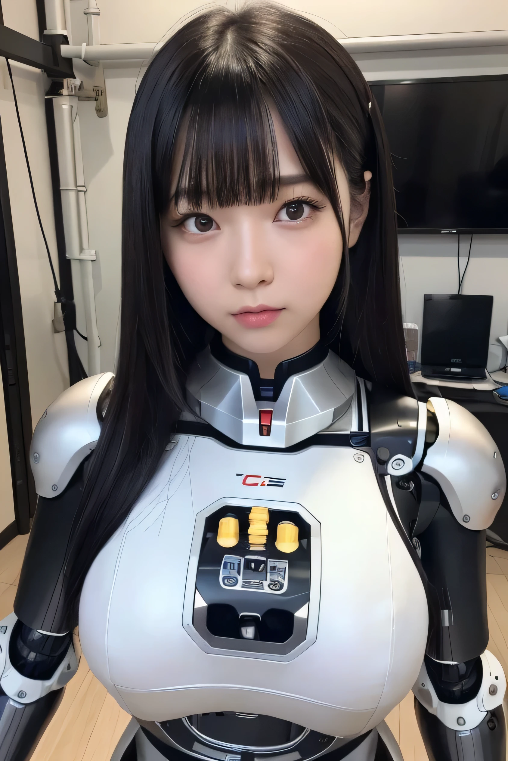 masterpiece, best quality, extremely detailed, Japaese android girl,portrait,Plump,a bit chubby,control panels,android,Droid,Mechanical Hand, Robot arms and legs, Black hair,Blunt bangs,perfect robot girl,long tube,thick cable connected her neck,android,robot,humanoid,cyborg,japanese cyborg girl ,robot-assembly plant,She is assembling now,assembly scene,camera eyes,chest monitor