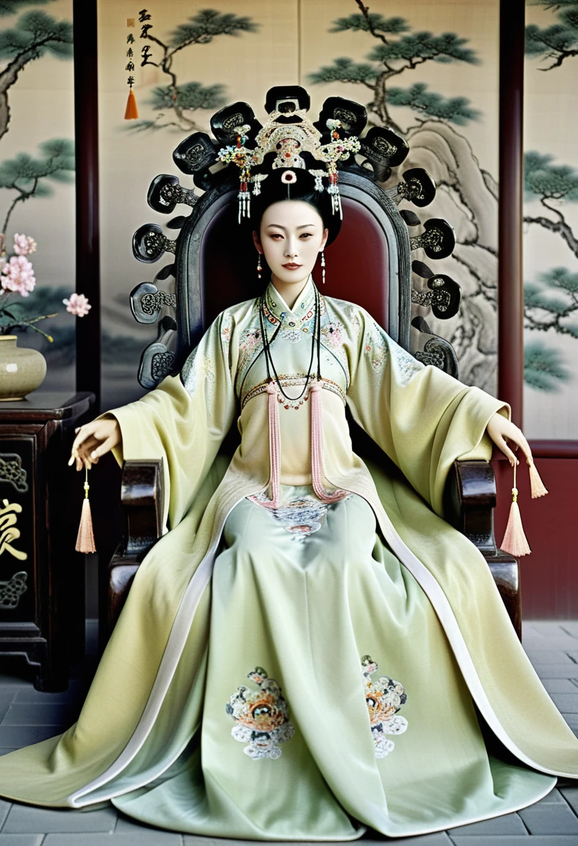 Empress of the Qing Dynasty sitting naked in the empress's chair with her legs open at the Chinese court Empress of the Qing Dynasty, Empress of China, crowned with a crown the size of a Chinese empress, her hair tied back and up, background of stone tatami mats outside the Qing Dynasty.