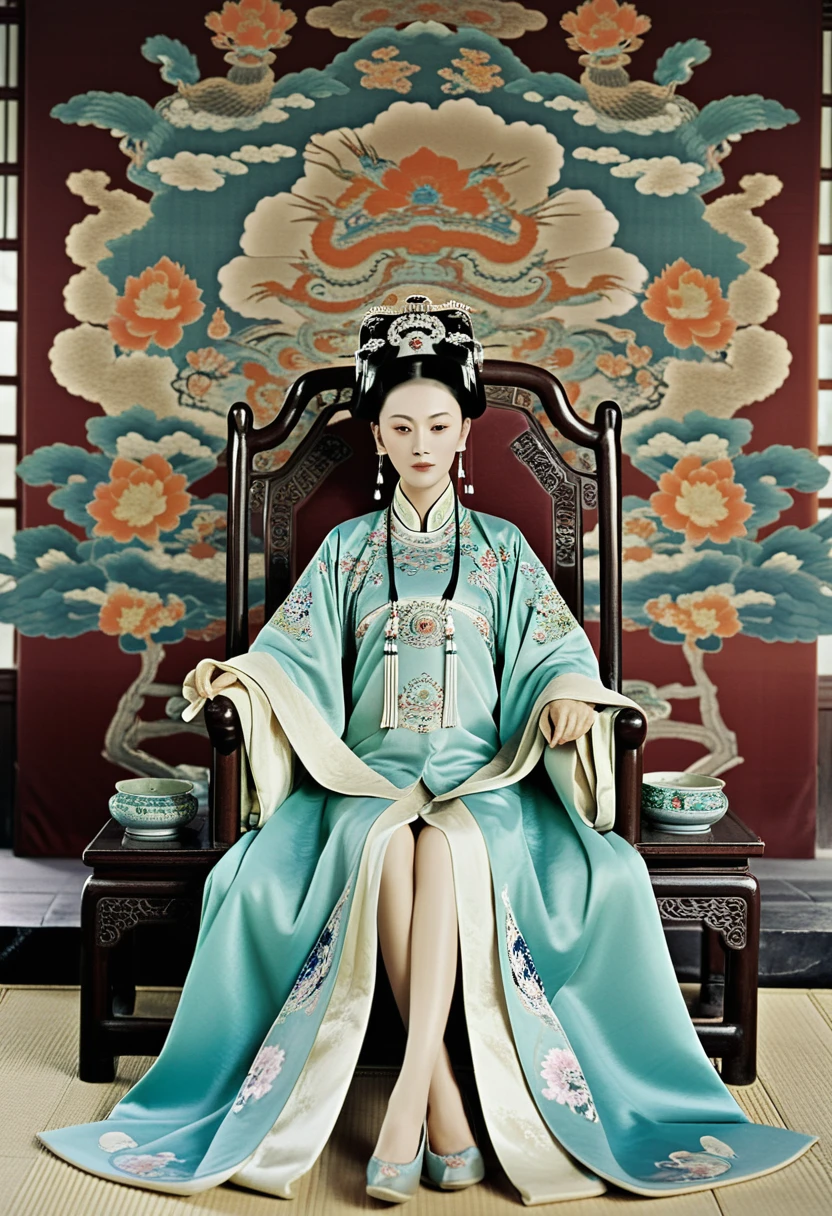 Empress of the Qing Dynasty sitting naked in the empress's chair with her legs open at the Chinese court Empress of the Qing Dynasty, Empress of China, crowned with a crown the size of a Chinese empress, her hair tied back and up, background of stone tatami mats outside the Qing Dynasty.