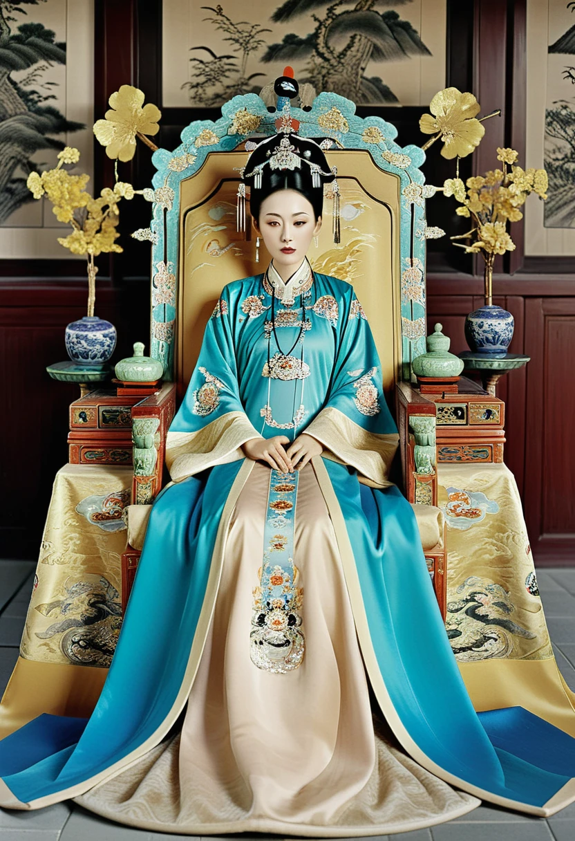 Empress of the Qing Dynasty sitting naked in the empress's chair with her legs open at the Chinese court Empress of the Qing Dynasty, Empress of China, crowned with a crown the size of a Chinese empress, her hair tied back and up, background of stone tatami mats outside the Qing Dynasty.