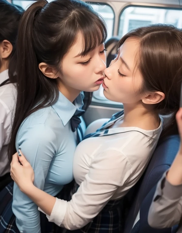 8k,masterpiece,Japanese,best quality, two schoolgirls, (upset:1.4), on crowded train, breasts, shirt