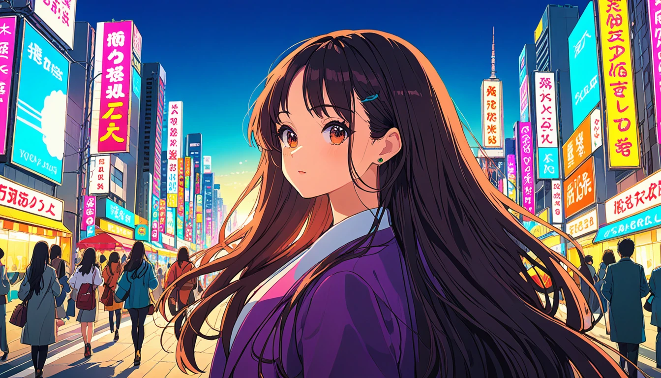 Highest quality,wallpaper,masterpiece,Very detailed,8k,wallpaper,Retro,((1 female:0.5)),Long-haired woman,City Pop,Urban Pop,Retroなレコードジャケットのイラスト,Tokyo Funk Vibes
