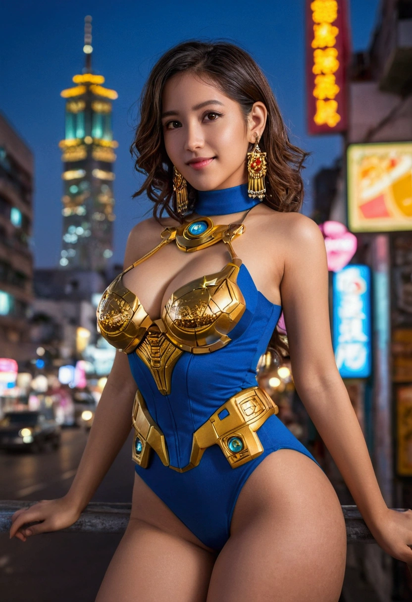 (masterpiece, Best Quality;1.3), extremely detailed ,ultra detailed,  1 girl, latina, you are clear,Alone,  double tail,  big breasts, narrow waist, medium hips, shapely legs, lovely smile, Gundam(RX78), perfect body, mecha, , For the blue, Alone, hair ornament, by the wide, double tail, gold eyes, jewelry, earrings, looking at the viewer,mexico city background,evening, many neon signs, Base lunar, detailed dress, micro miniskirt,  from below, photographed with a Canon EOS R5, 50mm lens, f/2.8, HdR, (8k) Session,, bust shot,