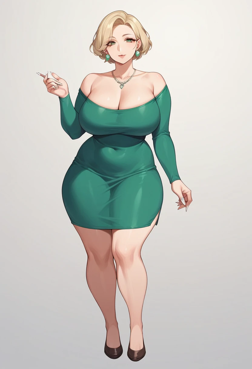 1girl, solo, (short hair hairstyle) large breasts, wide hips, thick thighs, 46 year old woman, blonde hair, small feet, white nail polish, long fingernails,  full body shown, standing, tight long sleeve short green dress, flats shoes, dark brown footwear, milf, milf body, entire body shown, facing forward, earrings, small necklace