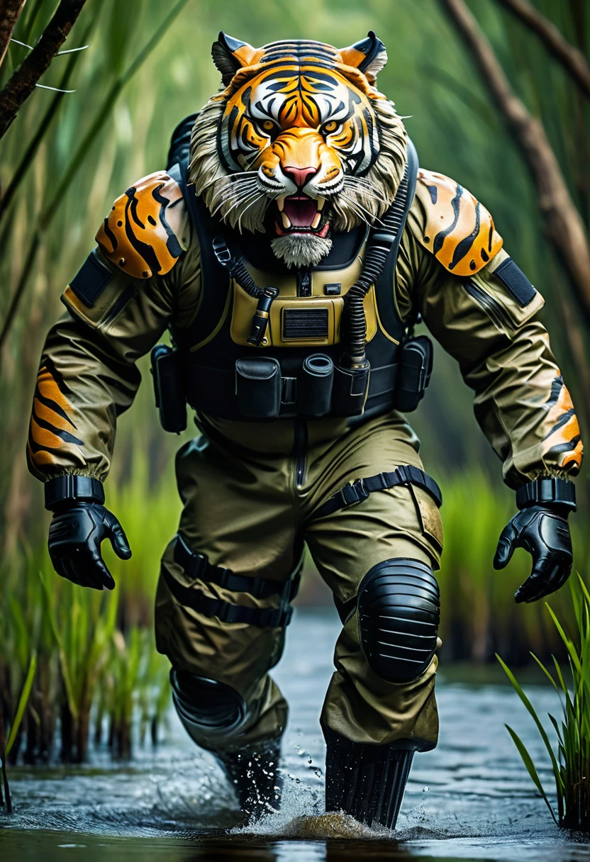 (a dark-skinned bearded fat muscular old man in a bulky army camouflage zipper diver suit) carrying a gun, (wearing realistic roaring tiger mask), dynamic action pose, fierce expression, showcasing an imposing stature, surrounded by military elements, dramatic shadows and intense highlights, cinematic color tones, high detail, powerful, art influenced by Bruce Onobrakpeya and Stanley Artgerm, ultra-detailed, best quality image, action-packed atmosphere. patrolling in a swamp