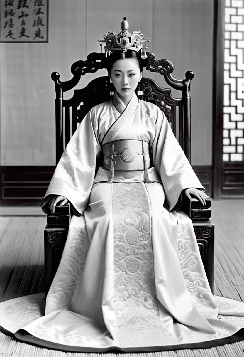 Empress of the Qing Dynasty sitting naked in the empress's chair with her legs open at the Chinese court Empress of the Qing Dynasty, Empress of China, crowned with a crown the size of a Chinese empress, her hair tied back and up, background of stone tatami mats outside the Qing Dynasty.