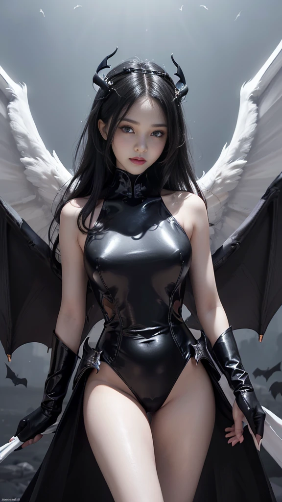 emphasis on wings, wings on shoulder, Angel wings and devil wings, white wings and black wings, (Realistic picture, highest resolution, 16ก), (A demon god with wide wings and enormous power on his shoulders..., Twelve wings on the shoulders., black bat wings:1.3 white angel wings:1.5), 6 angel wings, 6 devil wings, (Beautiful girl with two meter long hair, shiny black hairงาม, Smooth white skin, Lips are very red.), ((stand, already)), (big breasts, หัวBig tits), (gigantic breast, breast augmentation, Breast 400 cc., small waist, hips raised, small thighs, Long legs), (dynamic poses), (Armor that slightly conceals the body), Separate theme, (Angel wings and devil wings), floating in the air above the groundดิน, background darkness, Embraced with twelve wings, The horns that grow from the head are like a crown., He who has light, wears little armor, There is power coming out of the body., sparkling wings, white light black light, amazing wings, beautiful gesture, 8K resolution, Resolution 4000 x 2250 pixels, beautiful gesture, Angel wings and devil wings, (Realistic picture, highest resolution, 16K), (A demon god with wide wings and enormous power on his shoulders.., Twelve wings on the shoulders., black bat wings:1.3 white angel wings:1.5), Angel wings and devil wings, white wings and black wings,, Have wings 100 Have wings 1000, Angel wings and bat wings, wings inserted between wings, 12 wings, 6 angel wings, 6 bat wings, Angel wings and devil wings, white wings and black wings,, (Beautiful girl with two meter long hair, shiny black hair, Smooth white skin, Lips are very red.), very long hair, ((stand, toe)), (big breastsโต, หัวBig tits), (gigantic breast, small waist, hips raised, small thighs, Long legs), (dynamic poses), (black and white leotard, There are beautiful patterns., Decorated with gold embroidery., Show off your chest), Separate theme, (Angel Wings and Demon Lord Wings), floating in the air above the ground, background darkness, Embraced with twelve wings, He is white and black., A rainbow glow on the back of the head, The most busty breasts, Big tits, universe backdrop, dynamic gesture, Drive the skin, Smooth white skin, (The wings are in layers, alternating with white, alternating with black. The wings are alternating with layers of white, alternating with layers of black, and alternating again.), gold pattern set