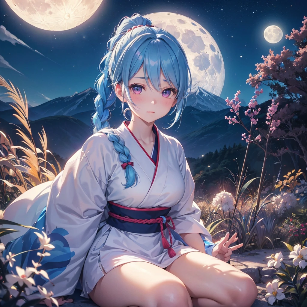 Sky blue hair, (Braided Ponytail:1.2), Pink eyes,Fair skin ,(whole body),(One Girl),Tsukimi,(White sweet dumplings ),White round dumplings,Japanese pampas grass,(beautiful, Full moon shining in the night sky),(masterpiece, Highest quality, Very detailed, Best Shadow), (Detailed Background), (Beautifully detailed face), High Contrast, (Best lighting, Very delicate and beautiful), ((Cinematic Light)), colorful, Hyper Detail,8k, Dramatic Light, Intricate details,Sit and eat dumplings while watching the moon,(Shadow of a rabbit on the moon),mysterious