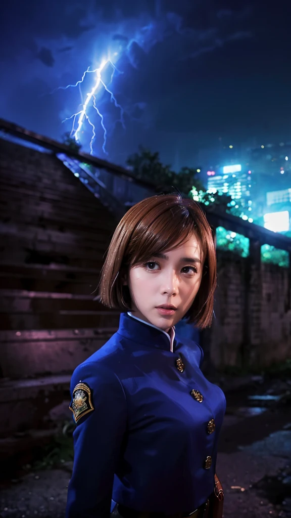 Lightning-like aura、In an abandoned city、sexy、Combat Uniform、Girl,Looking up at the approaching woman from below、cute、(魔法で町を破壊するGirl:1.2)、Mischievous look、White skin、