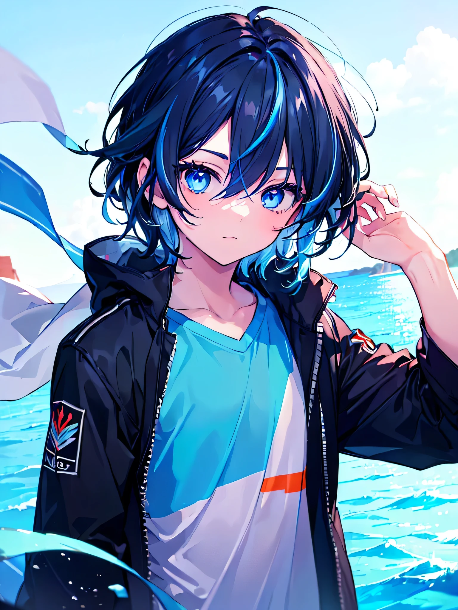 [(SKY BLUE BACKGROUND:1.5),::5], ((((masterpiece)))), high quality, ultra very high resolution, full color, (((solo))), (( boy)), BLACK hair, ((Blue streaked hair)), (oriental deepblue eyes), anime, ((upper body)), Summer clothes, black parka,