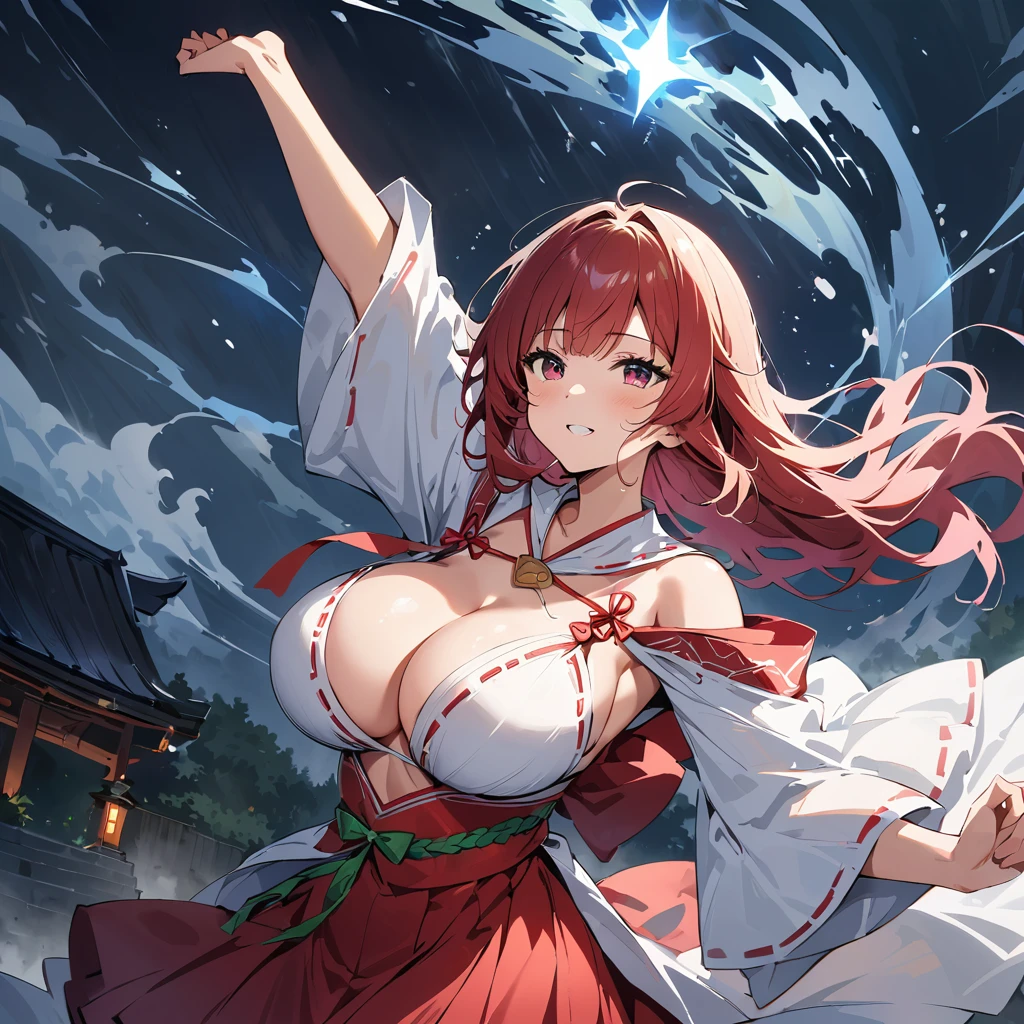 Highest quality, High definition beauty, Ultra-high resolution, Ultra-high definition 4K, Perfect Anatomy, The three pure shrine maidens, Detailed shrine maiden costume, Dynamic composition, In the Storm, Big Breasts, Soft Skin, Glowing Skin, Bright lighting, 非常に激Shii雨, god々Shii, Professional photography techniques, Stretching oneself