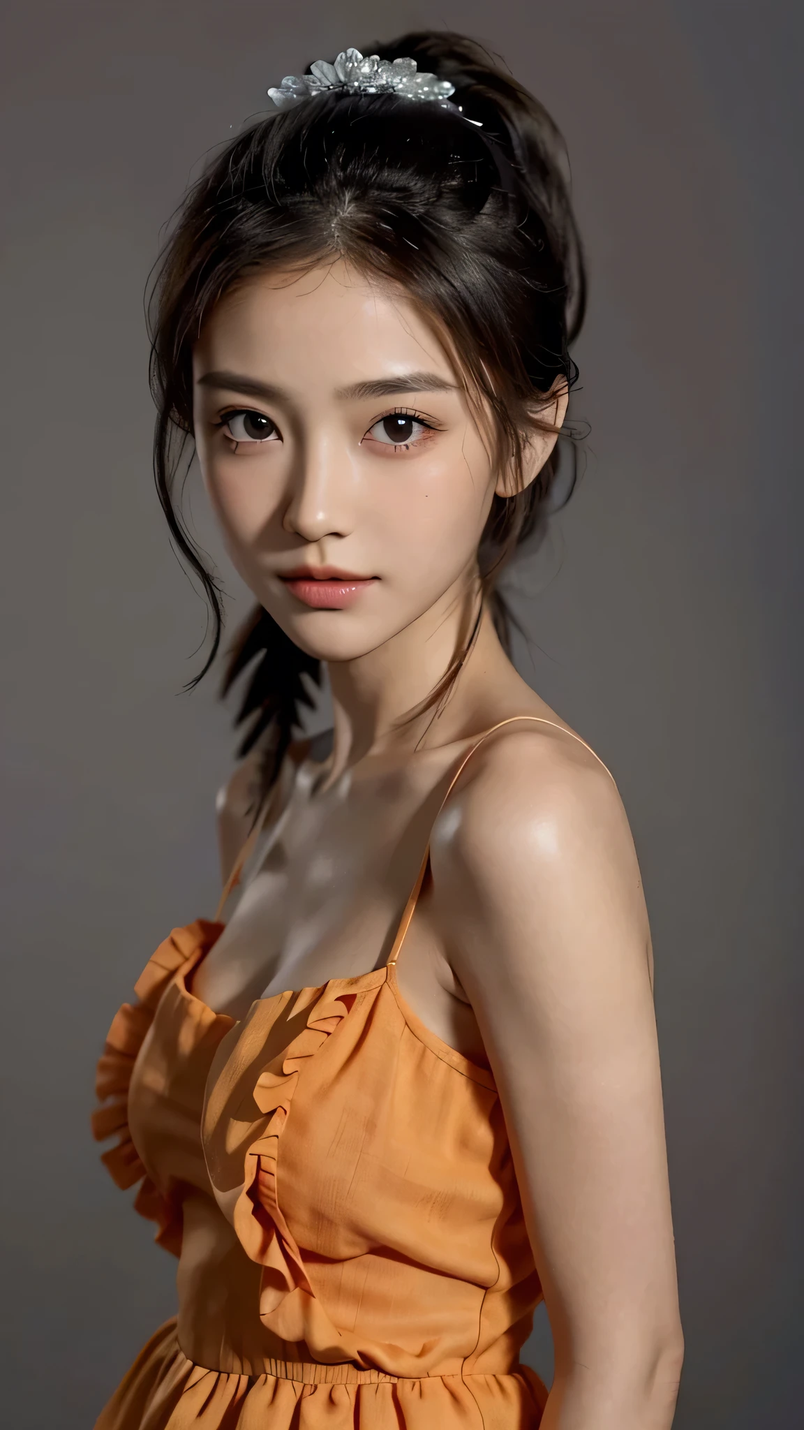 Close up face,Orange Sleeveless Dress Style,Frilly dress,ruffled edges, layered,Accessories: Flower hairpiece, ribbon, fitted body,Commercials for luxury cosmetics style,Commercial filming studio,The background is all gray,Body in front,fully body photo,masutepiece, The highest image quality, High quality, the background is clear,Beautiful woman, Japanese, Detailed, Ultra-detailed, finely detail, hight resolution, 8K Wallpaper, Perfect dynamic composition, Beautiful detailed eyes ,Detailed eyes, Detailed skin, Beautiful skin, 超hight resolution, (reality: 1.4),Very beautiful woman, Slightly younger face, Beautiful skin, slender, (Ultra photo realsisim), (hight resolution), (8K), (Very detailed) (beautifully detailed eyes), (super detailed), (Detailed face), view the viewer, Fine details, Detailed face, Staring straight ahead, Staring straight ahead, photos realistic, Bright lighting, Professional Lighting, Black hair,poneyTail,a baby face,sixteen years old,Hairstyle: ponytail,Long ponytail hairstyle,slight smile,