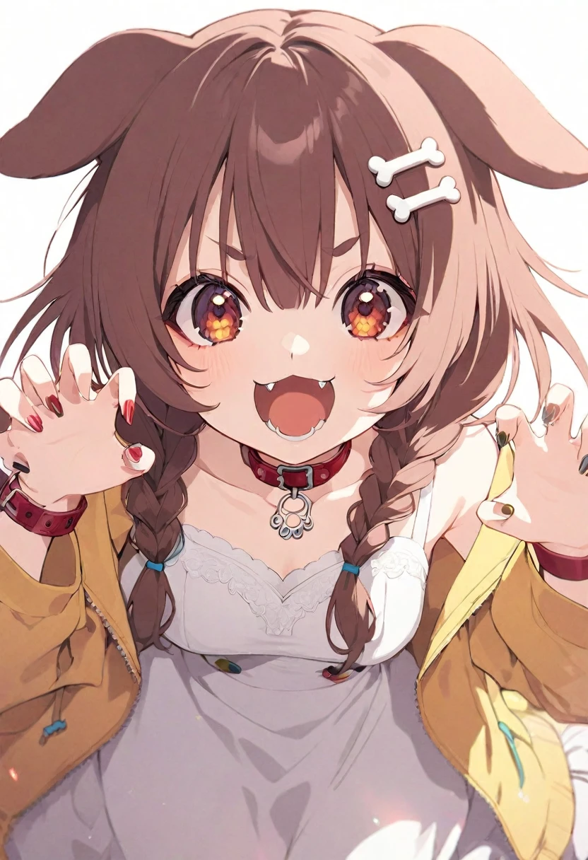 (muste piece), (best quality), (score_9, score_8_up, score_7_up), very detailed eyes, expressive eyes, perfect face, very detailed face, highly detailed face, beautiful girl, 8K, beautiful girl, white background, delicate and beautiful face and eyes, dark intense shadow, 1 girl, vtuber style, cool girl, hololive, Inugami korone, animal ears, bone hair ornament, brown hair, hair ornament, twin braids, dress, braid, claw pose, dog ears, white dress, yellow jacket, nail polish, collar, long hair, open mouth, red collar, hair between eyes, bangs, wristband, dog girl, low twin braids, smile, fangs, brown eyes, bracelet, open jacket, buttons, hairclip, open clothes, short dress, collarbone, long sleeves, kneel, 