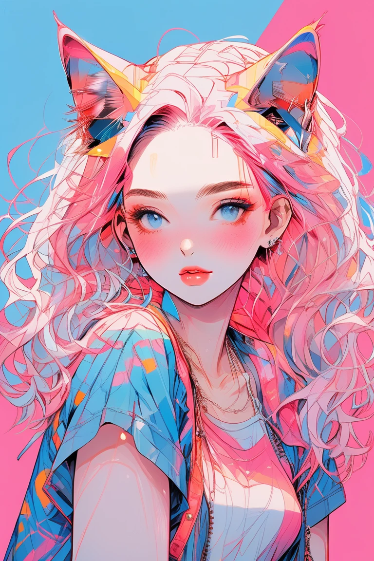 (Highest quality:0.8), (Highest quality:0.8), Perfect illustration((masterpiece, Highest quality)), Illustrator, anime , Realistic ,sketch , 1 girl, ,lip, Summer clothes,order, Blue gradient background, Neon Hair,Texture Trim, Canadian, (masterpiece,Highest quality) Cancer、pink、Cat