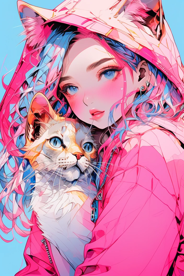 (Highest quality:0.8), (Highest quality:0.8), Perfect illustration((masterpiece, Highest quality)), Illustrator, anime , Realistic ,sketch , 1 girl, ,lip, Summer clothes,order, Blue gradient background, Neon Hair,Texture Trim, Canadian, (masterpiece,Highest quality) Cancer、pink、Cat