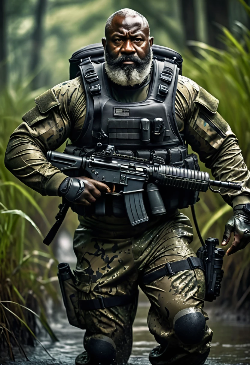 (a dark-skinned bearded fat muscular old man in a bulky army camouflage zipper diver suit) carrying a gun, dynamic action pose, fierce expression, showcasing an imposing stature, surrounded by military elements, dramatic shadows and intense highlights, cinematic color tones, high detail, powerful, art influenced by Bruce Onobrakpeya and Stanley Artgerm, ultra-detailed, best quality image, action-packed atmosphere. patrolling in a muddy swamp