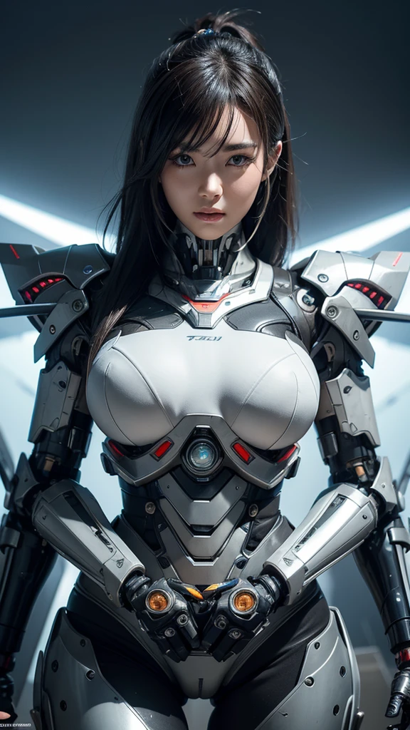 Textured skin, Super Detail, high details, High quality, Best Quality, hight resolution, 1080p, hard disk, Beautiful,(Cyborg),Oppai missiles,beautiful cyborg woman,Mecha Cyborg Girl,Battle Mode,Girl with a Mecha Body,She wears a battle cyborg mech with a weapon,Fulll body Shot