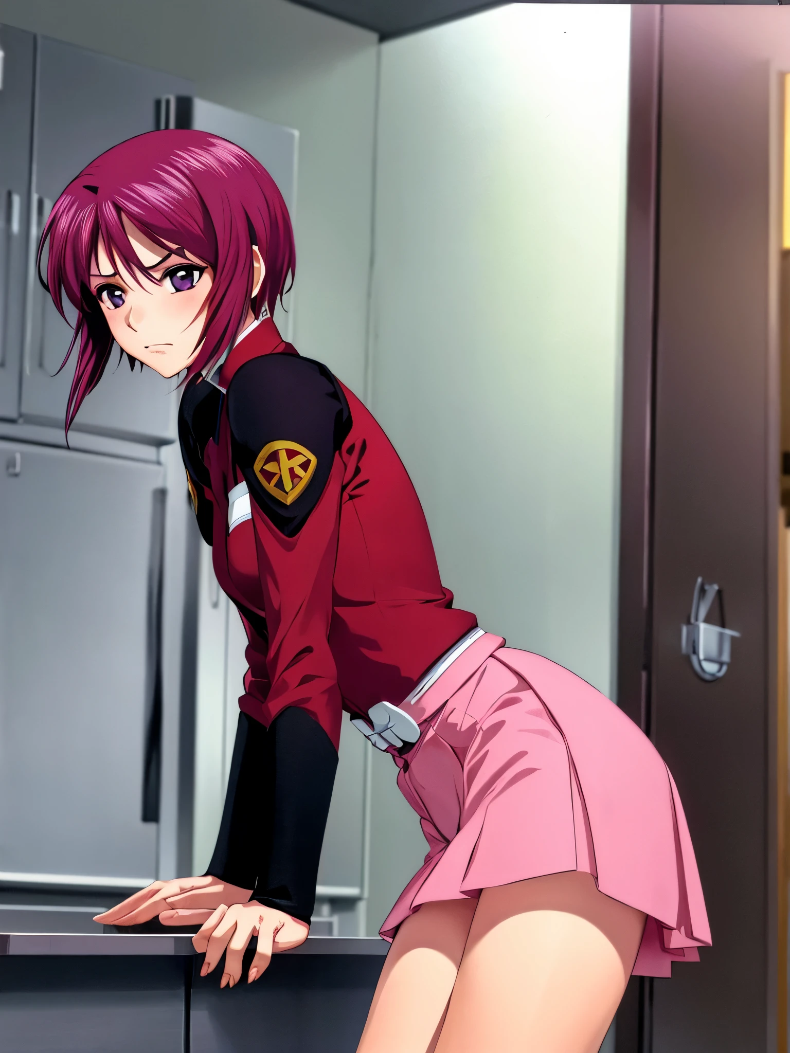 masterpiece, top-quality, Hi-Res, 1girl in, 独奏, Lunamaria Hawke、Pink skirt,White panty、 military outfits, Beautiful ass、shorth hair, Ahoge, black thigh, red hairs, a purple eye, purple color hair, long-sleeve, frowned, Slouched,