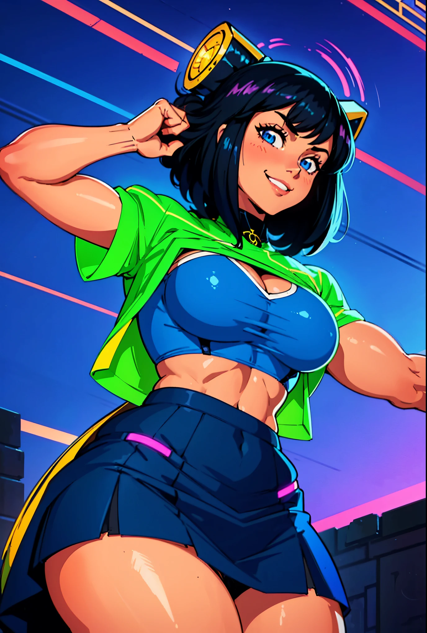 Digital painting of a girl with royal blue and black hair, hero, Muscle Girl, frying, Pause, Raise your fist, From above, 1 Raise your knees, Behance Contest Winner, Afrofuturism, Synthwave, neon, glowing neon, Huge saggy breasts,cape,highschool skirt,((cute smile)),