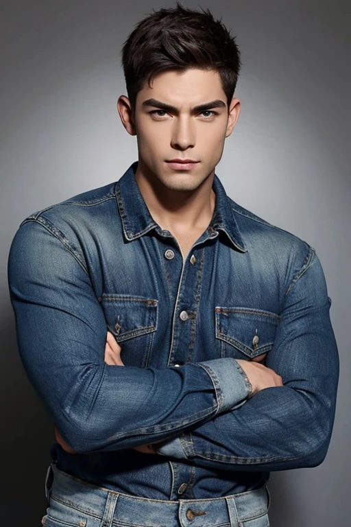 1 male, jeans, Muscular, face, Realistic, photograph, Posing,real photograph