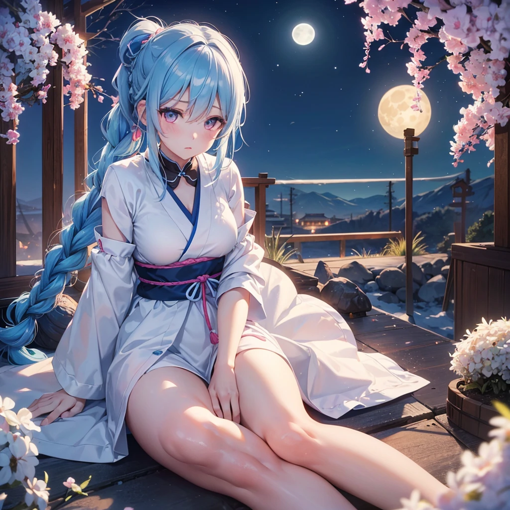 Sky blue hair, (Braided Ponytail:1.2), Pink eyes,Fair skin ,(whole body),(One Girl),Tsukimi,(White sweet dumplings ),White round dumplings,Japanese pampas grass,(beautiful, Full moon shining in the night sky),(masterpiece, Highest quality, Very detailed, Best Shadow), (Detailed Background), (Beautifully detailed face), High Contrast, (Best lighting, Very delicate and beautiful), ((Cinematic Light)), colorful, Hyper Detail,8k, Dramatic Light, Intricate details,Sit and eat dumplings while watching the moon,(Shadow of a rabbit on the moon),mysterious