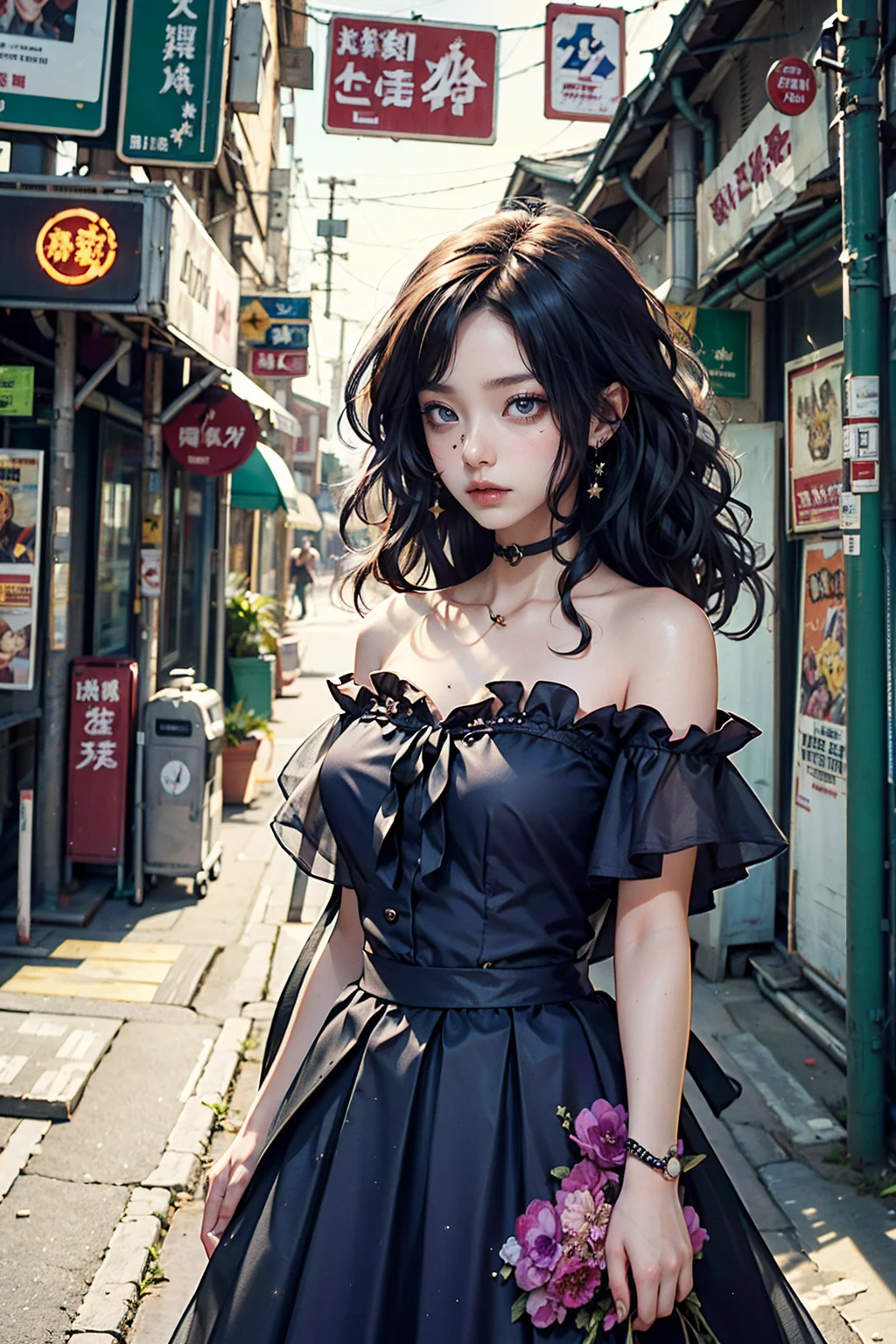 Detailed Background, masterpiece, Highest quality, 1 person , Curly Hair, Long Hair, Purple eyes, Stars in my eyes , Strapless blouse, Long skirt