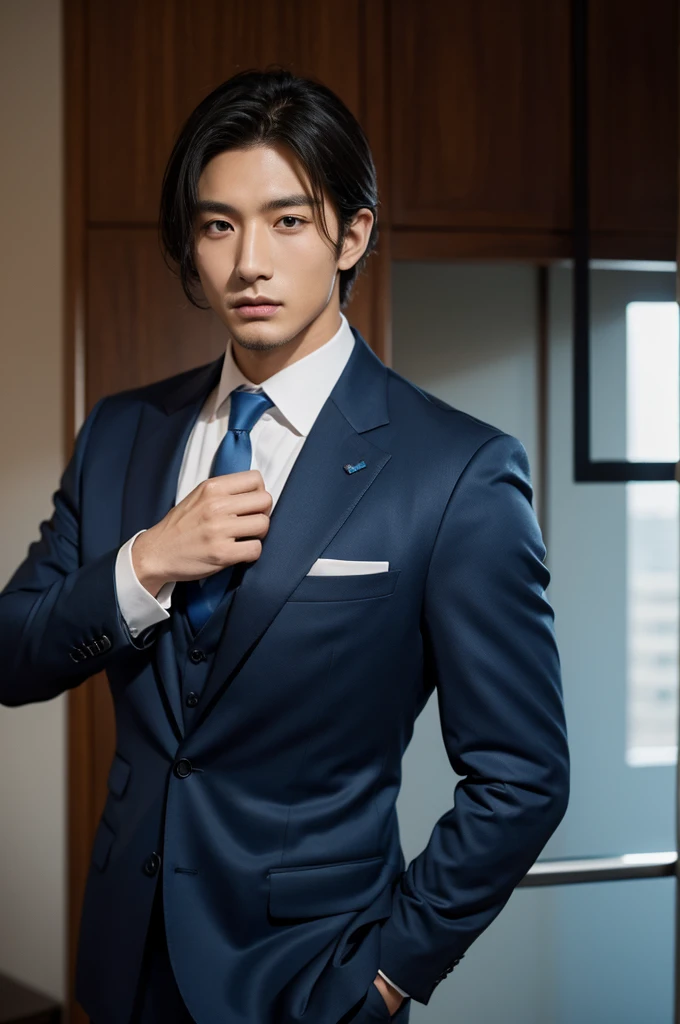 A man wearing a blue-black suit, South Korean with Italian, tanned skin.