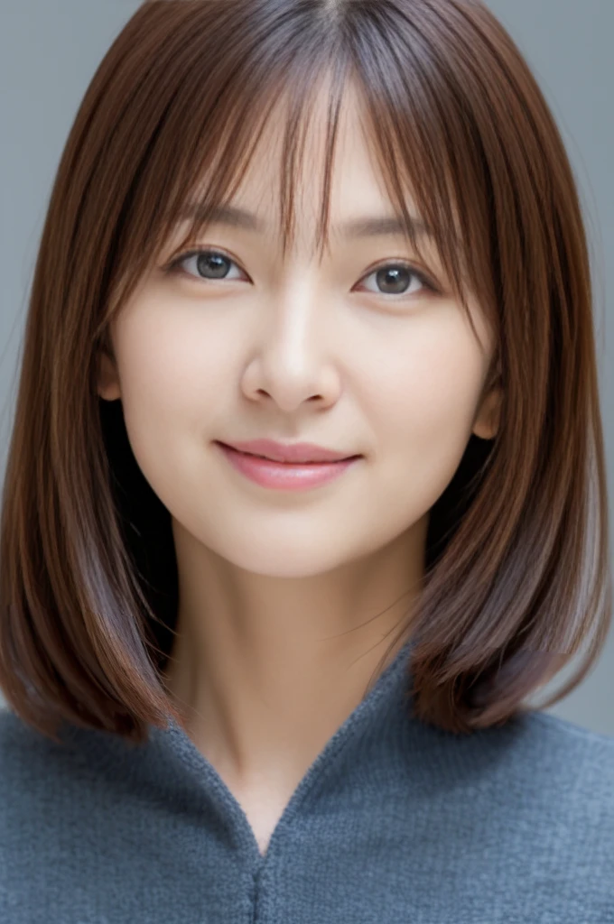(the Extremely Detailed CG Unity 8K Wallpapers,masutepiece, Best Quality, Ultra-detailed), Gray background, 40-year-old female living in Japan, large full breasts, dark brown hair、poneyTail, 40-year-old female nursery teacher, Light on Face, Looking at the camera, The woman I admire, 40 year old beautiful woman working in nursery school
