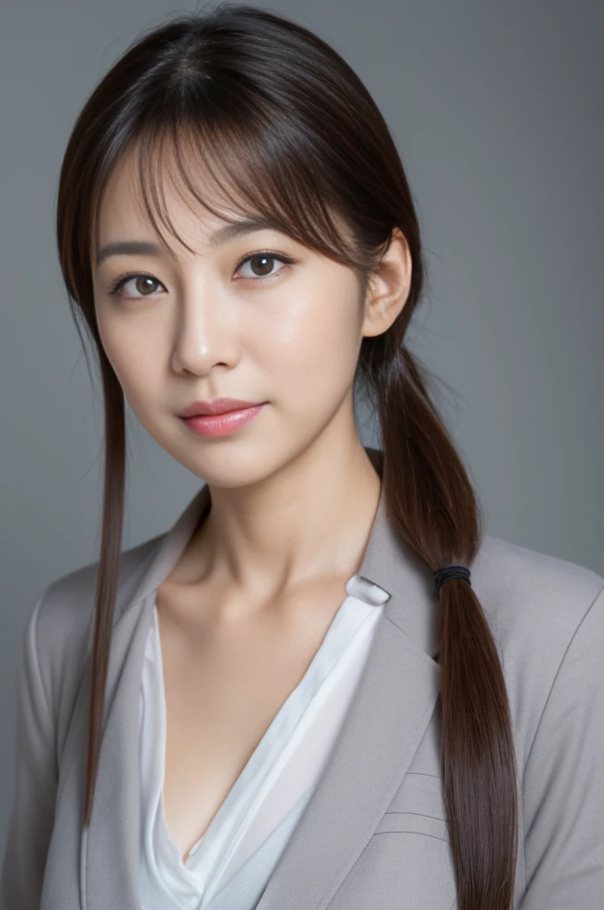 (the Extremely Detailed CG Unity 8K Wallpapers,masutepiece, Best Quality, Ultra-detailed), Gray background, 40-year-old female living in Japan, large full breasts, dark brown hair、poneyTail, 40-year-old female nursery teacher, Light on Face, Looking at the camera, The woman I admire, 40 year old beautiful woman working in nursery school
