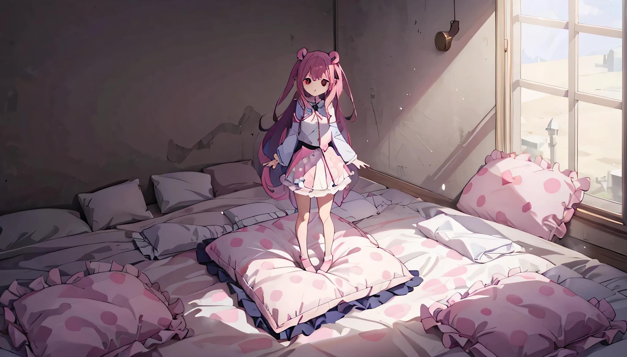 （best quality， masterpiece），full body, 1 girl, solo, mine ,nsfw, details, (Light and shadow oxtail , Cute girl posing on pillow ，standing on pillow，（Steaming hot），（pillow), large pillow, (((colorful))), color correction, pink hair, pink pillow, (((pink polkadot pillow))), (((blue uniform))), (((white skirt))), stocking, brown shoes, hugging pillow, 1 pillow