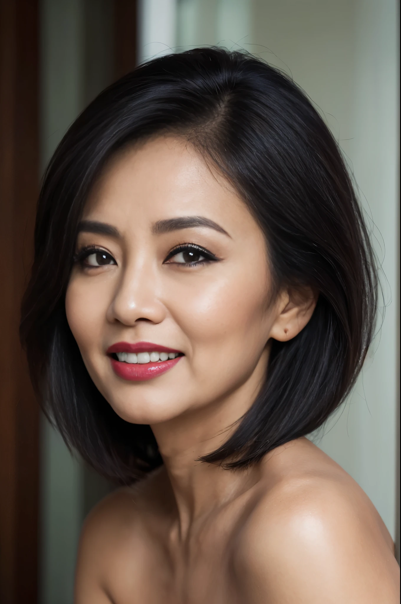 58-Years-Old,( Indonesian Mature Woman:1.1),, , ,( Seductive Look), ((portrait)) ,((best quality)), 8K,16K, HDR,high quality,,,,red lip,,(laugh line;1.2),(from side),(heavy make up),(black short hair)