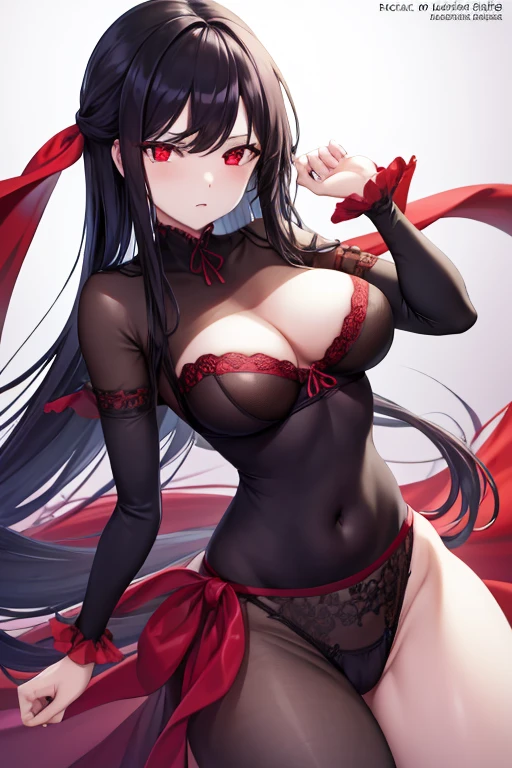 Highest quality、High resolution、Serious expression、One Woman、human、Black Hair、Long Straight Hair、Sharp red eyes、Around 35 years old、anime、Voluptuous bust、Narrow waist、Great style、Height: 170cm、Clothes with a small area、A dignified and cool face、Enchanted look、Small black, see-through underwear、8k、high resolution、Large breasts swaying vertically、Clothes that accentuate the body
